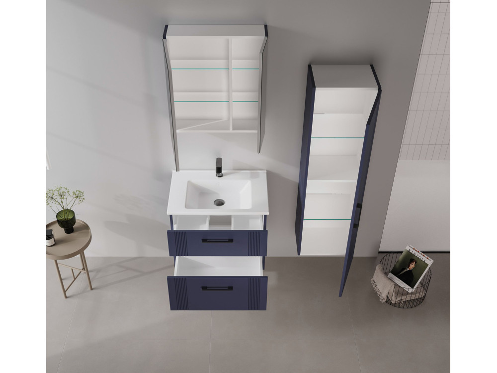 Conjunto de móvel de lavatório com espelho (2 peças) «Bari 65 v2» - 65 x 45 x 55 cm - Azul-marinho mate