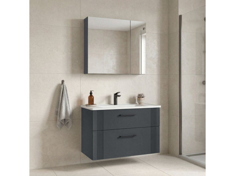 Conjunto de móvel de lavatório com espelho (2 peças) «Bari 85 v2» - 85 x 45 x 55 cm - Antracite mate