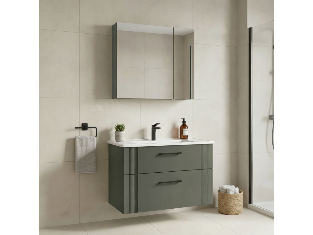 Conjunto de móvel de lavatório com espelho (2 peças) «Bari 85 v2» - 85 x 45 x 55 cm - Verde mate