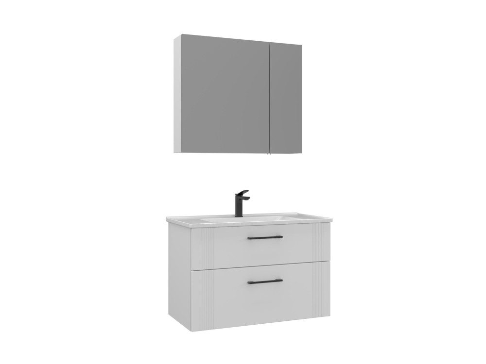 Conjunto de móvel de lavatório com espelho (2 peças) «Bari 85 v2» - 85 x 45 x 55 cm - Branco mate