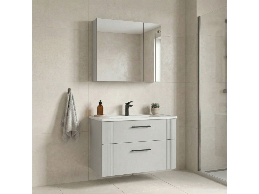 Conjunto de móvel de lavatório com espelho (2 peças) «Bari 85 v2» - 85 x 45 x 55 cm - Branco mate