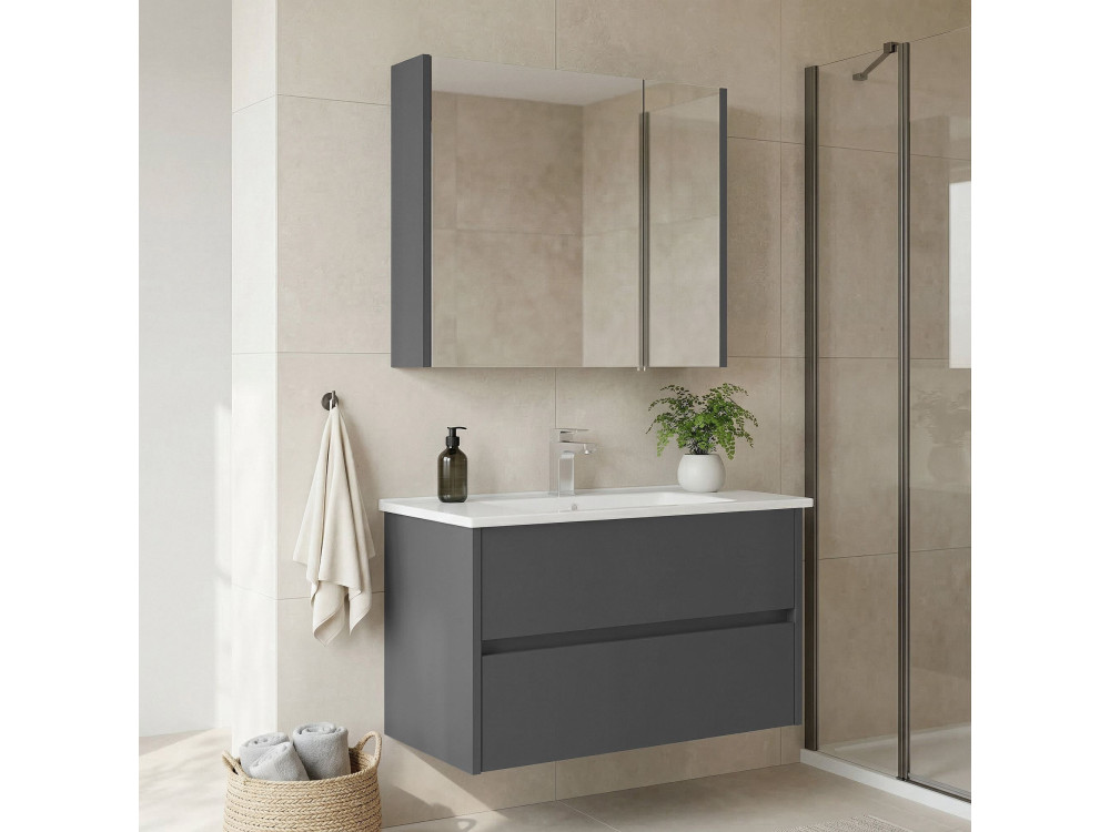 Conjunto de móvel de lavatório com espelho (2 peças) «Arno 85» - 85 x 45 x 52 cm - Cinza
