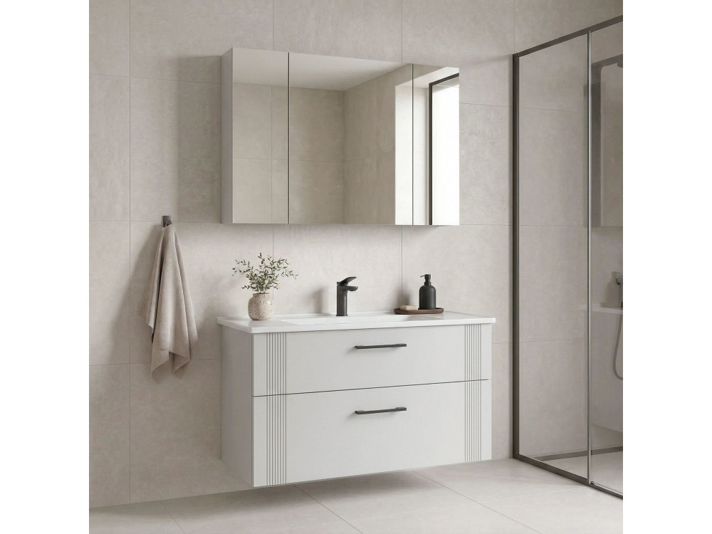 Conjunto de móvel de lavatório com espelho (2 peças) «Bari 100 v2» - 100 x 45 x 55 cm - Branco mate