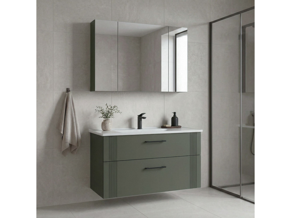 Conjunto de móvel de lavatório com espelho (2 peças) «Bari 100 v2» - 100 x 45 x 55 cm - Verde mate