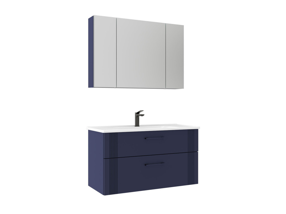 Conjunto de móvel de lavatório com espelho (2 peças) «Bari 100 v2» - 100 x 45 x 55 cm - Azul-marinho mate