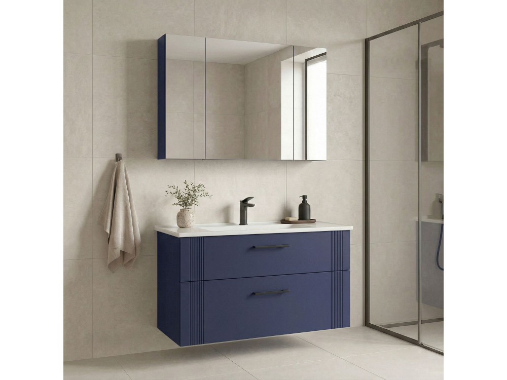 Conjunto de móvel de lavatório com espelho (2 peças) «Bari 100 v2» - 100 x 45 x 55 cm - Azul-marinho mate
