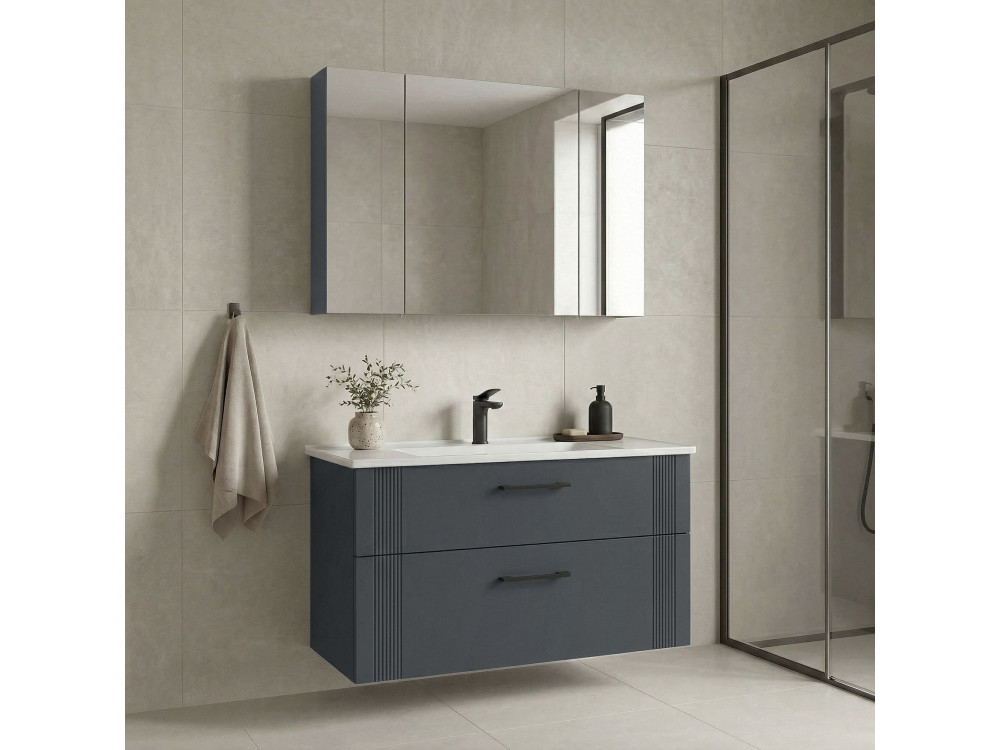 Conjunto de móvel com lavatório e espelho (2 peças) «Bari 100 v2» - 100 x 45 x 55 cm - Antracite mate