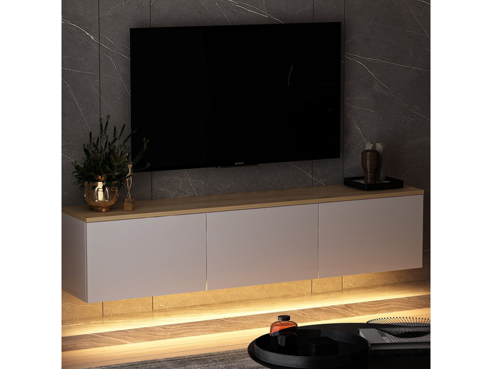 Móvel TV de madeira suspenso "Neon" com iluminação LED - 160 x 32 x 35 cm - Branco