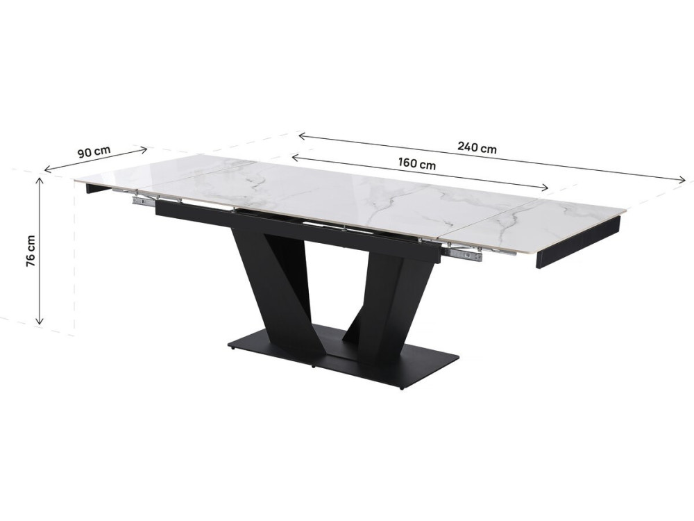 Mesa de jantar extensível em cerâmica - 160/240 cm - 6 a 10 pessoas "Nova" - Branco marmoreado cinzento