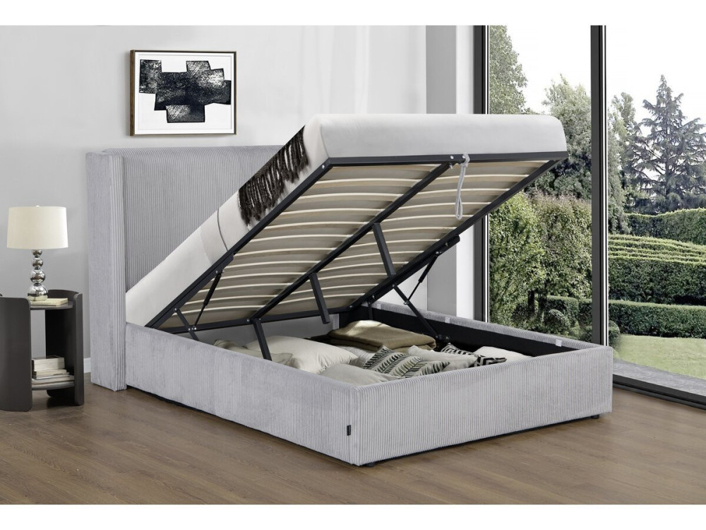 Cama de casal em veludo cotelê com cômoda integrada e abajur "Cortina" - 160 x 200 cm - Cinza