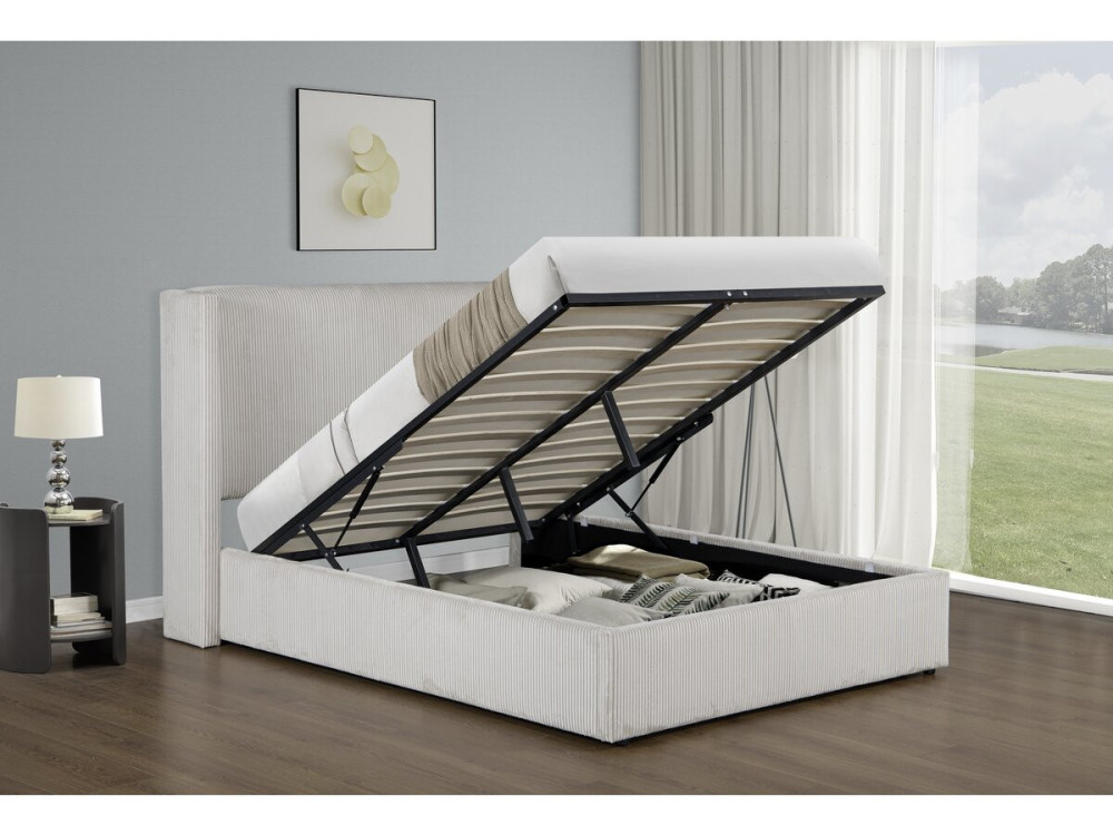 Cama de casal em veludo cotelê com cômoda integrada e abajur "Cortina" - 140 x 190 cm - Bege