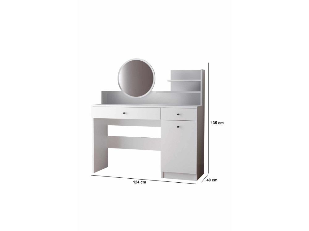 Toucador "Harmony Round" com espelho redondo de madeira - 124 x 40 x 135 cm - Branco