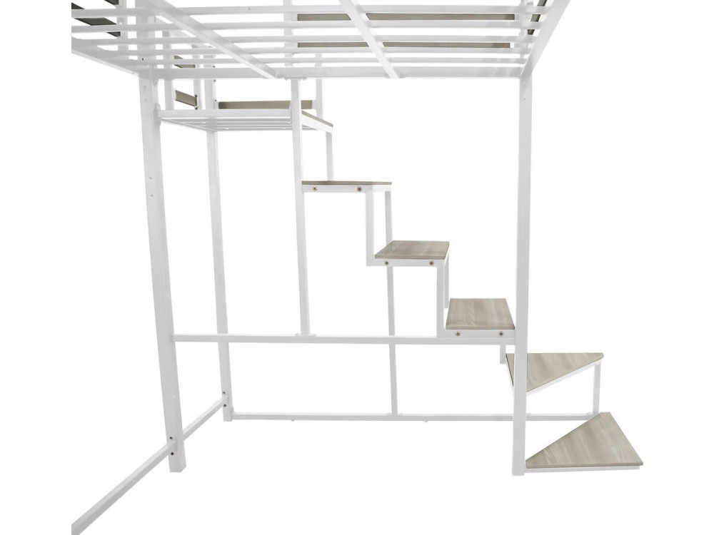 Cama alta em metal com escada "LENA" - 140 x 200 cm - Branco
