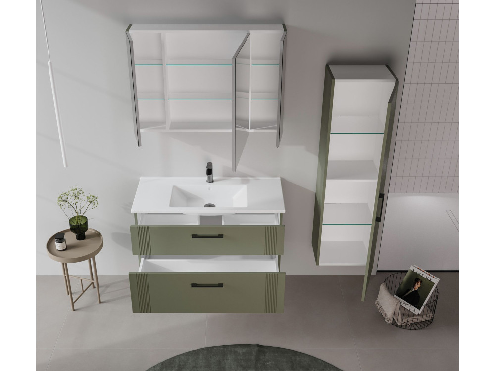 Conjunto de móvel de lavatório com espelho (2 peças) «Bari 100 v2» - 100 x 45 x 55 cm - Verde mate