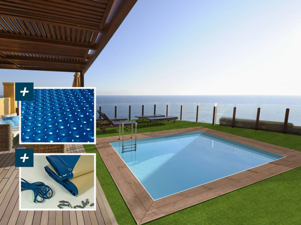 Piscina retangular de madeira "Caimans" - 4,10 x 3,00 x 1,24 m + capa bolha 180 µ - capa inverno 280 g/m²