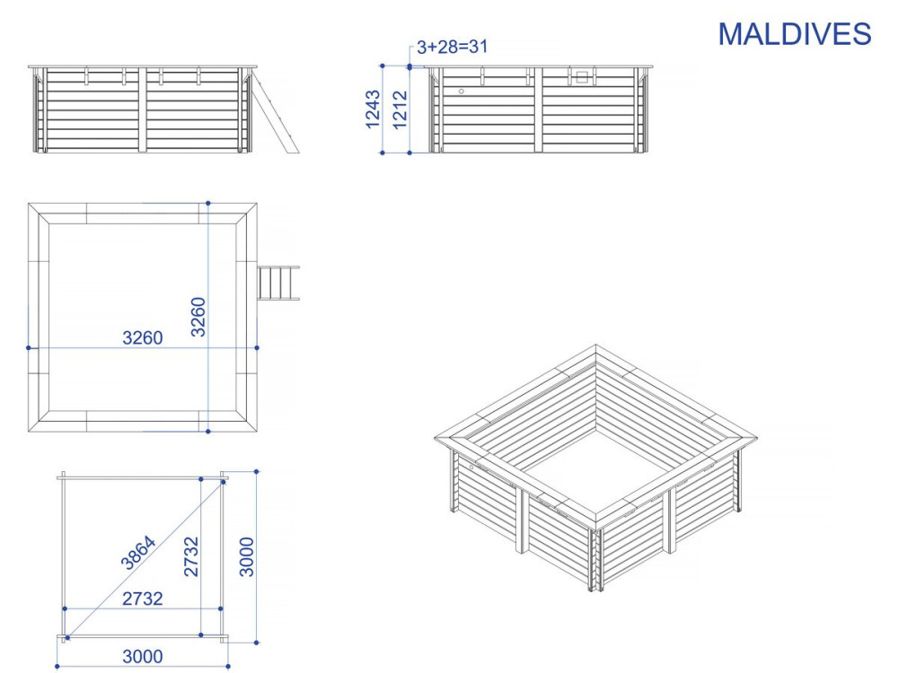 Piscina retangular de madeira "Maldivas" - 3,20 x 3,20 x 1,24 m