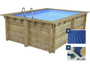 Piscina retangular de madeira "Maldivas" - 3,20 x 3,20 x 1,24 m + cobertura de bolhas de 180 µ - cobertura de inverno de 280 g/m