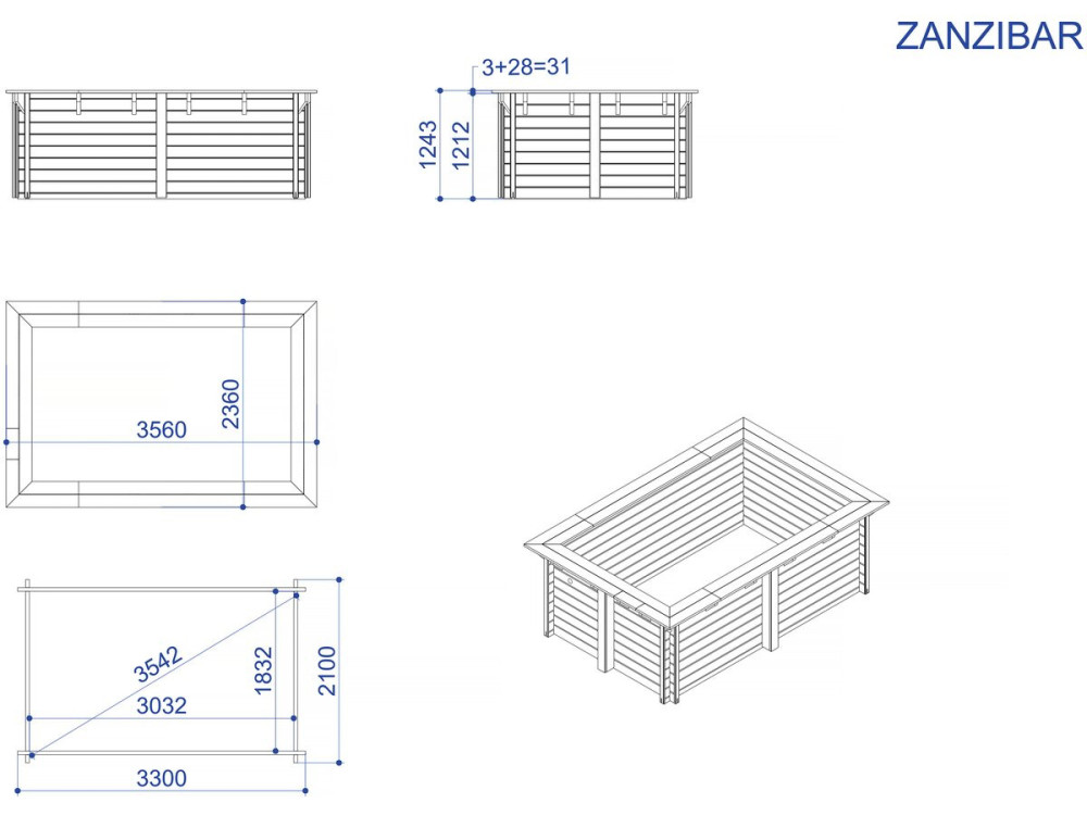 Piscina de madeira retangular "Zanzibar" - 3,50 x 2,30 x 1,24 m