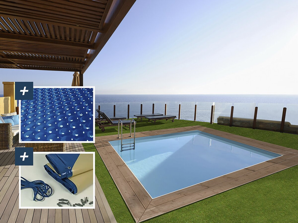 Piscina de madeira retangular "Zanzibar" - 3,50 x 2,30 x 1,24 m - Cobertura de bolhas 180 µ - Cobertura de inverno 280 g/m²