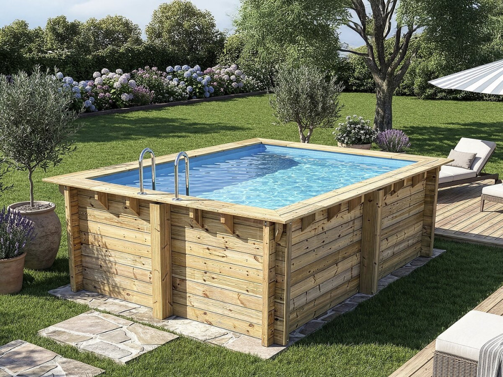 Piscina de madeira retangular "Zanzibar" - 3,50 x 2,30 x 1,24 m - Cobertura de bolhas 180 µ - Cobertura de inverno 280 g/m²