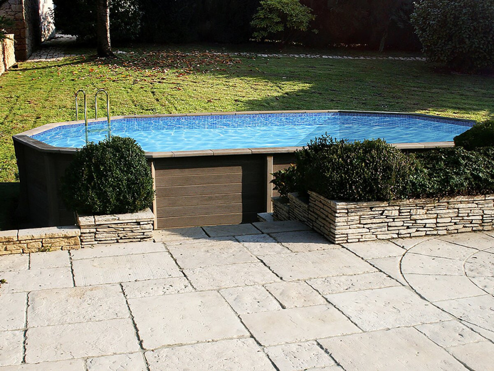 Kit piscina de betão com aspeto de madeira, decagonal e alongada Naturalis 2" - 6,36 x 4,74 x 1,40 m