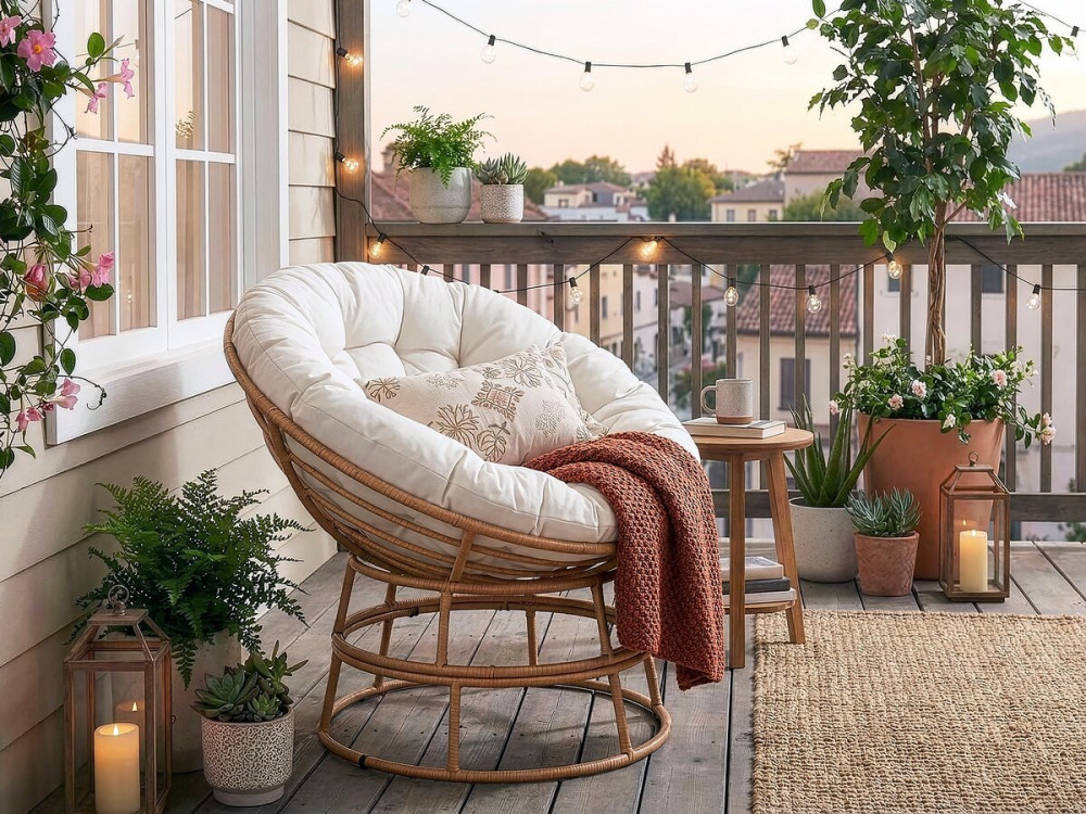 Cadeirão Papasan interior/exterior loveuse estilo "Bali" - Ø91cm - Bege