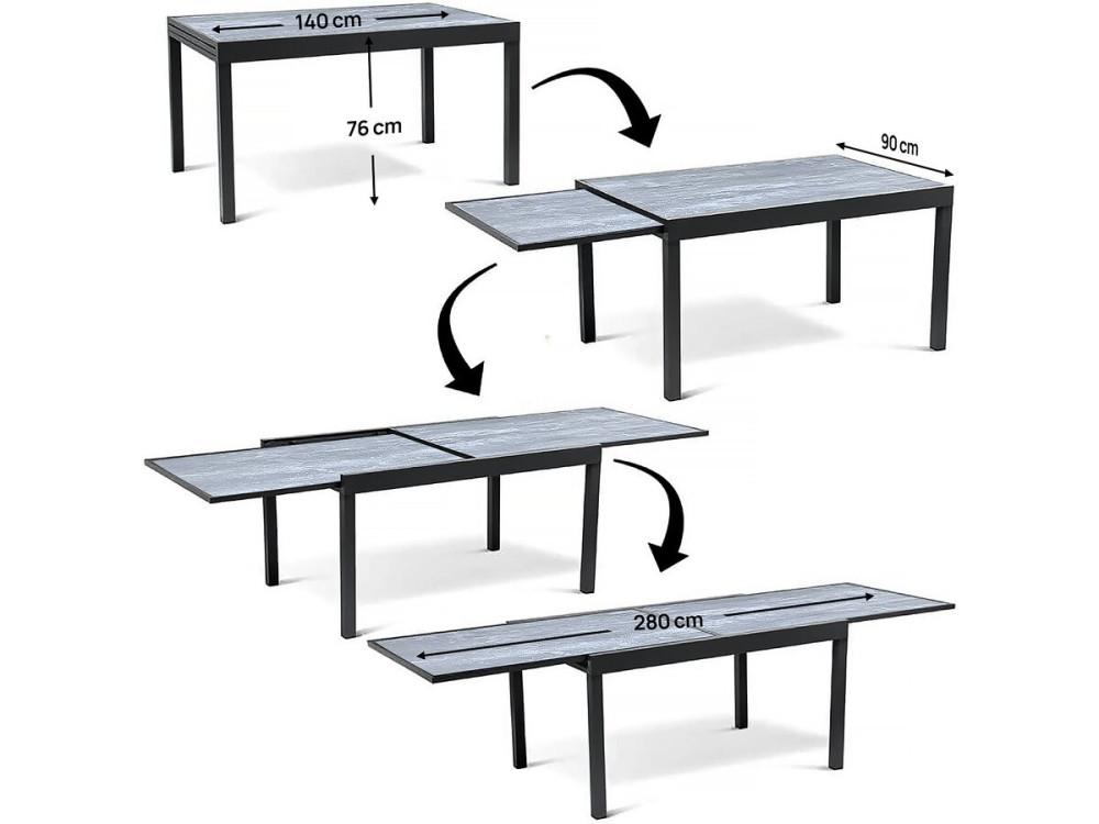 Mesa de jardim em alumínio extensível "Lagos" - 140/280 x 90 x 76 cm - Cinzento