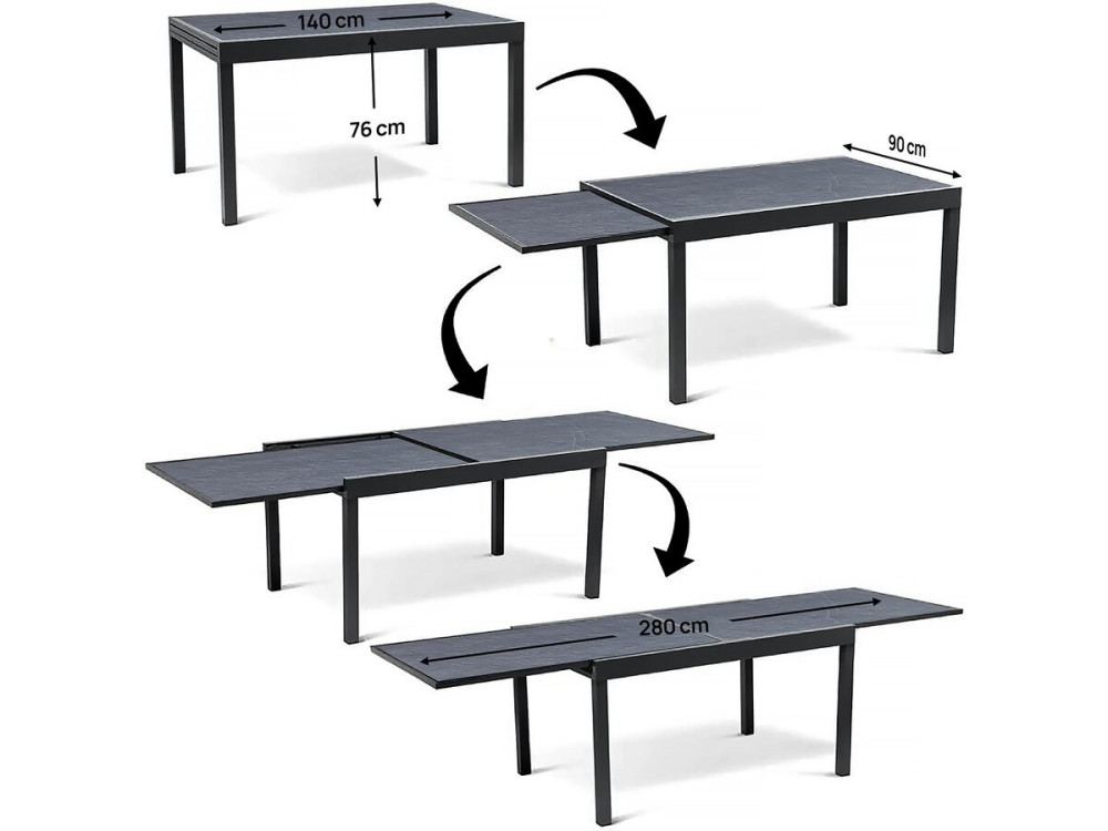 Mesa de jardim em alumínio extensível "Lagos" - 140/280 x 90 x 76 cm - Preto