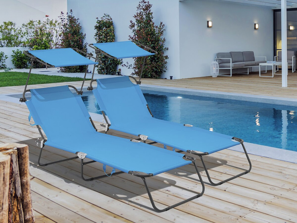 Conjunto de 2 espreguiçadeiras dobráveis "Lazy" - Com guarda-sol - Azul