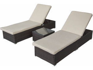 Conjunto de 2 espreguiçadeiras "Alice" em resina tecida com almofadas e mesa de apoio - Castanho
