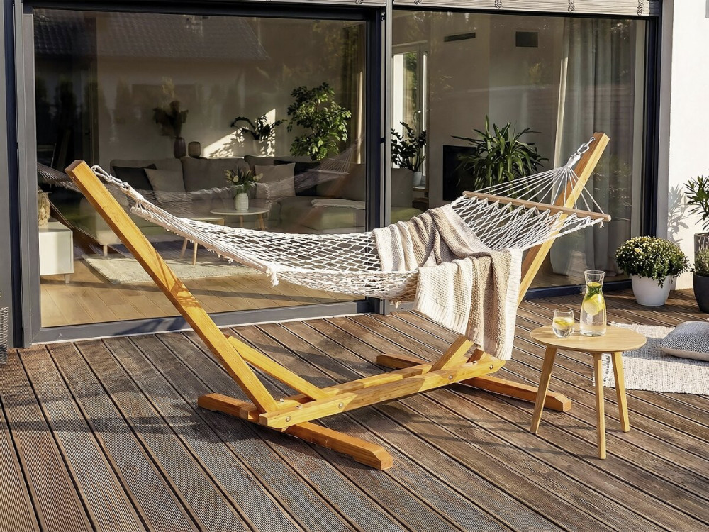 Rede de madeira com tecido macramé "Dallas" - 305 x 120 x 123 cm - Branco
