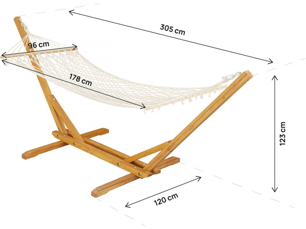 Rede de madeira com tecido macramé "Dallas" - 305 x 120 x 123 cm - Branco