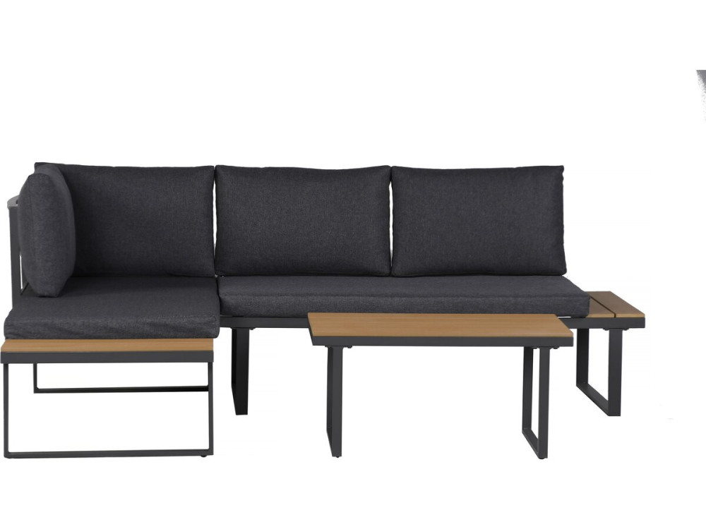 Conjunto de mobiliário de jardim, sofá de canto em imitação de madeira "Liora" - 4 lugares - Cinzento