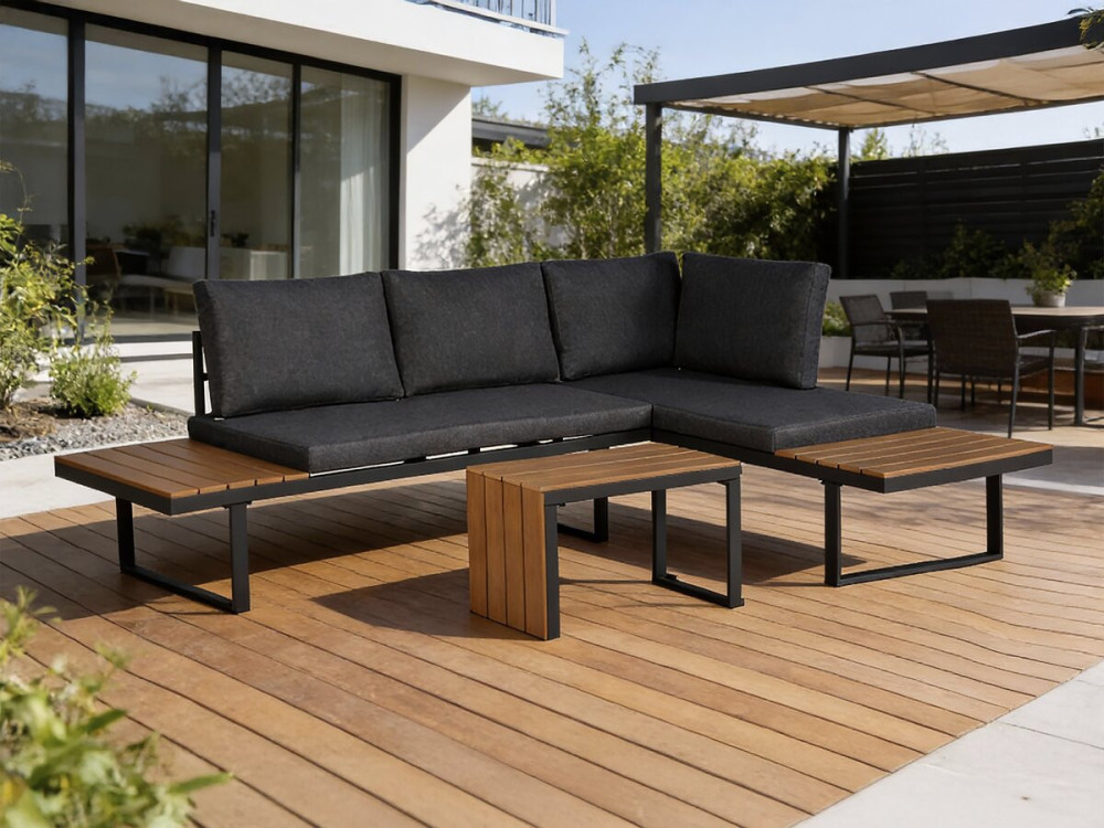 Conjunto de mobiliário de jardim "Sylva" sofá de canto modular, acabamento em imitação de madeira - 4 lugares - Cinzento