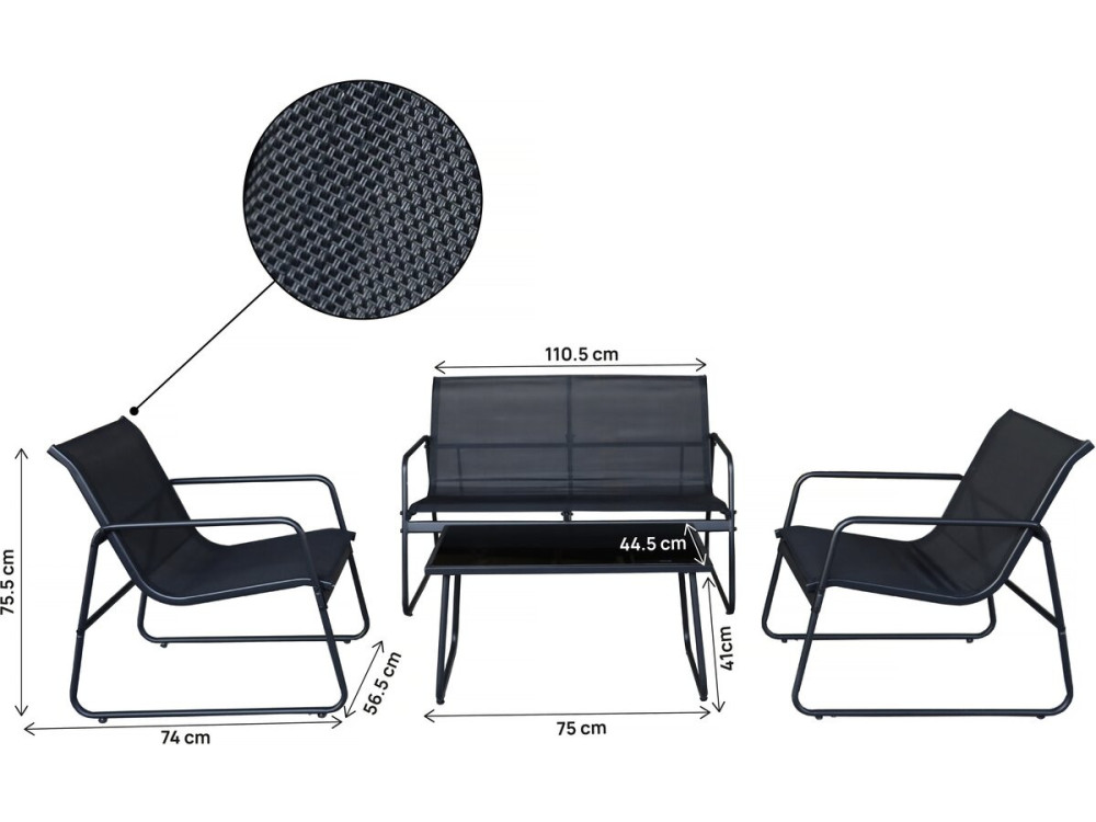 Conjunto de mobiliário de jardim metálico "Fortaleza" - 4 lugares - Preto