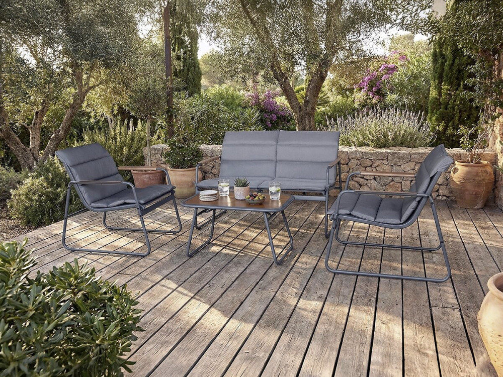 Conjunto de mobiliário de jardim "Bastia" com almofadas metálicas - 4 lugares - Cinzento