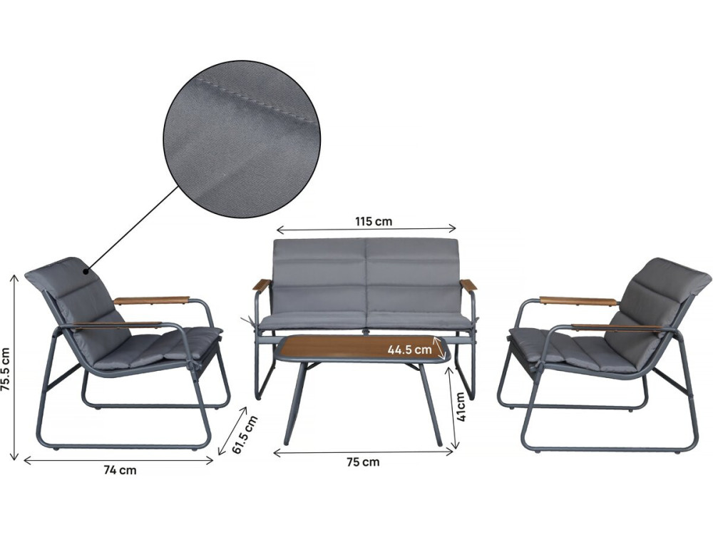 Conjunto de mobiliário de jardim "Bastia" com almofadas metálicas - 4 lugares - Cinzento