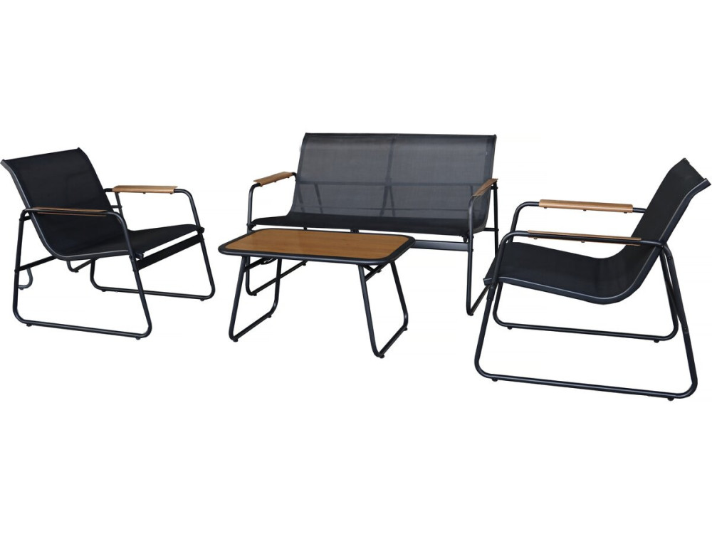 Conjunto de mobiliário de jardim em metal "Sparta" com decoração em imitação de madeira - 4 lugares - Preto