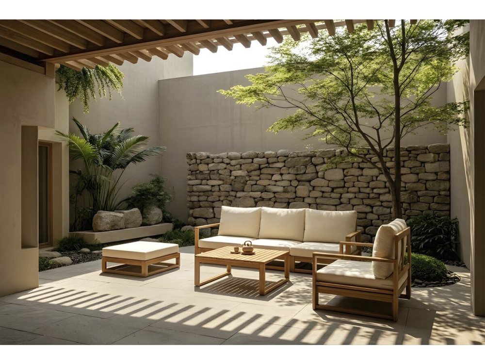 Conjunto de mobiliário de jardim modular em madeira "Bellingham" com almofadas - 5 lugares - Bege