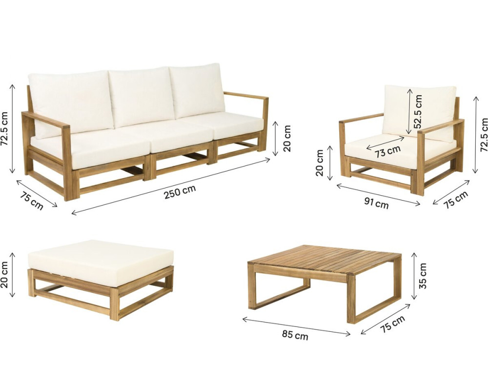 Conjunto de mobiliário de jardim modular em madeira "Bellingham" com almofadas - 5 lugares - Bege