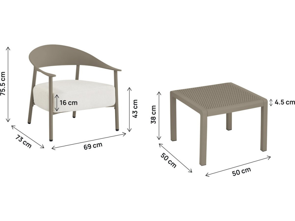 Conjunto de mobiliário de jardim em metal e plástico "Céora" - 2 lugares - Taupe
