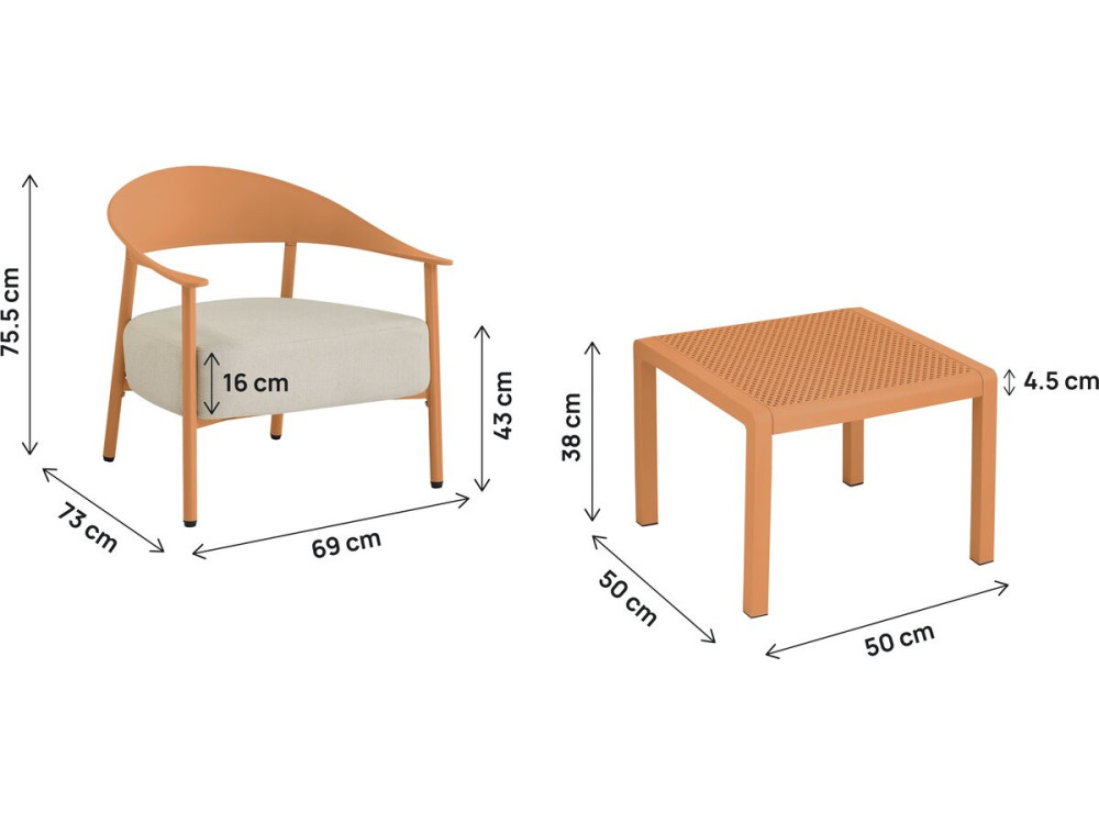 Conjunto de mobiliário de jardim em metal e plástico "Céora" - 2 lugares - Laranja