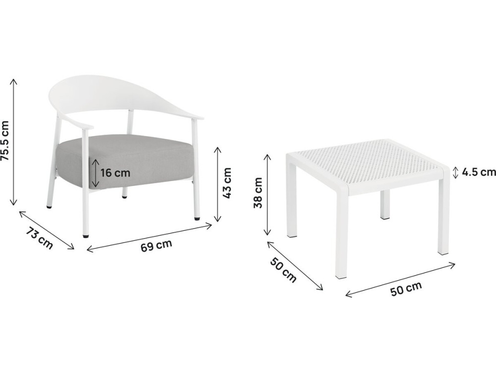 Conjunto de mobiliário de jardim em metal e plástico "Céora" - 2 lugares - Branco