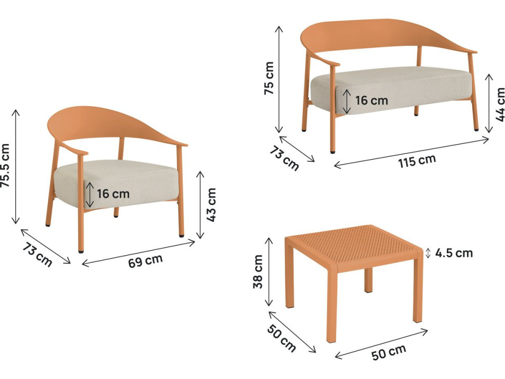 Conjunto de mobiliário de jardim em metal e plástico "Céora" - 4 lugares - Laranja