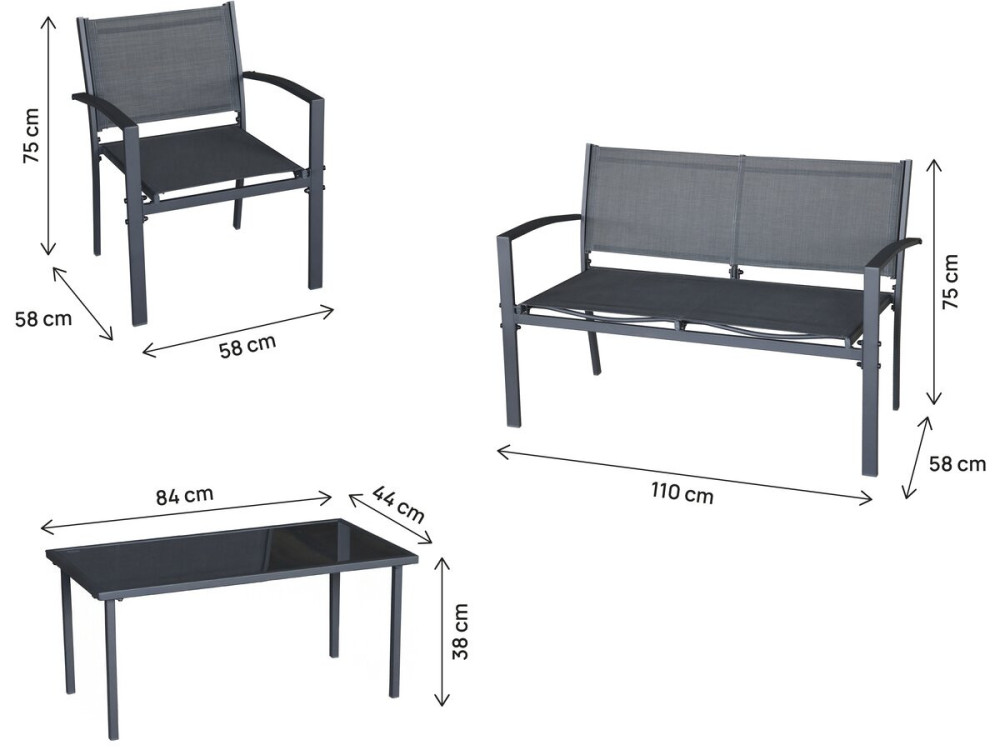 Conjunto de mobiliário de jardim em metal "Lino II" - 4 lugares - Preto