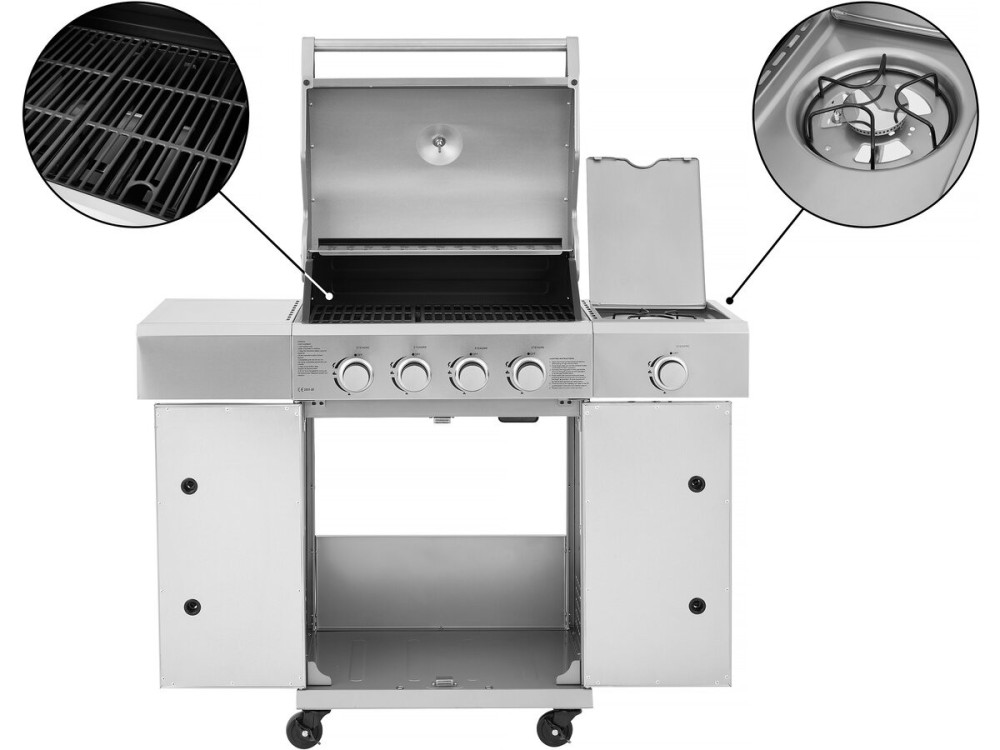 Churrasqueira a gás em aço inoxidável com 5 queimadores, incluindo 1 queimador lateral "Brazzo" - 118 x 57 x 104 cm - Cinzento c