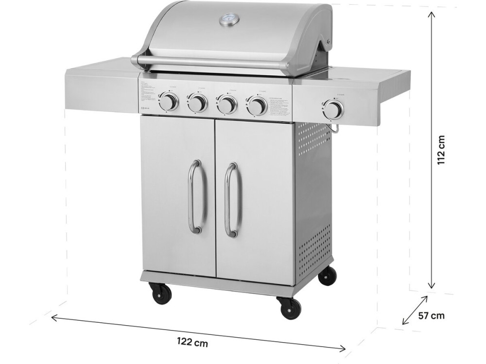 Churrasqueira a gás em aço inoxidável com 5 queimadores, incluindo 1 queimador lateral "Brazzo" - 118 x 57 x 104 cm - Cinzento c