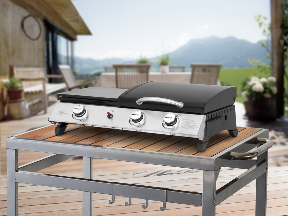Plancha a gás com tampa "Rasio" - 7,5 KW - 3 queimadores - Preto