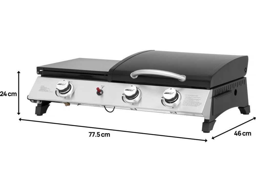 Plancha a gás com tampa "Rasio" - 7,5 KW - 3 queimadores - Preto