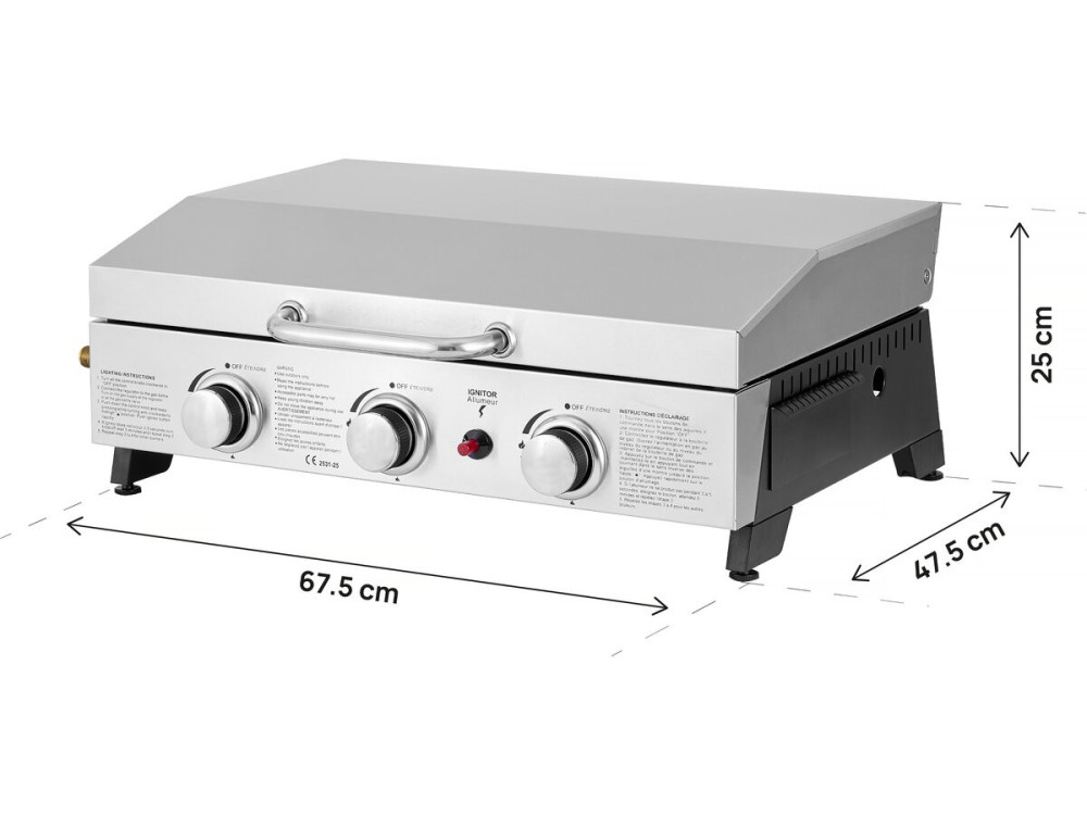 Placa de grelhar a gás com 3 queimadores e tampa metálica "Fasto" - 7,5 kw - Cinzento